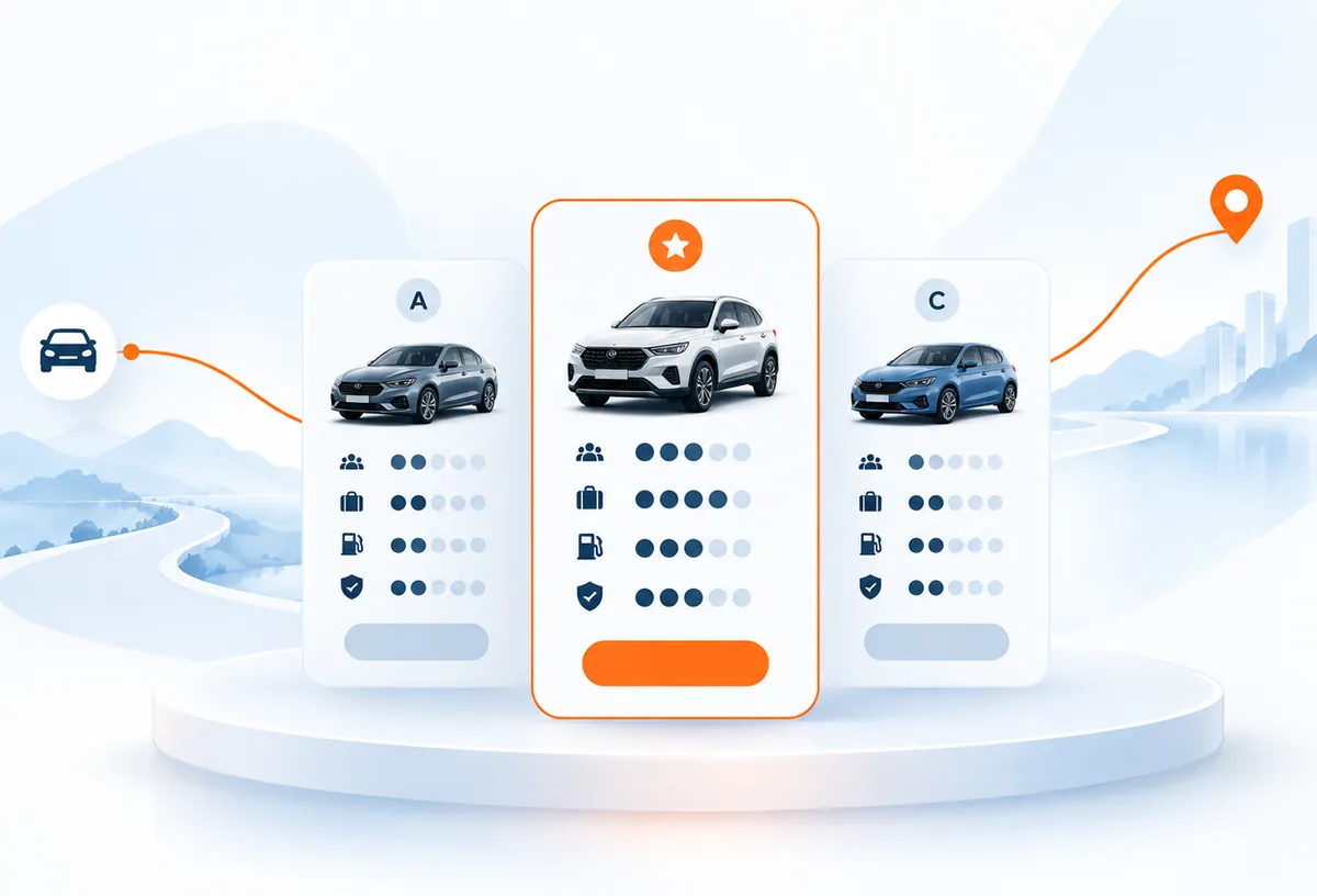 Illustration of comparing car rental options in the same layout with Kiralook